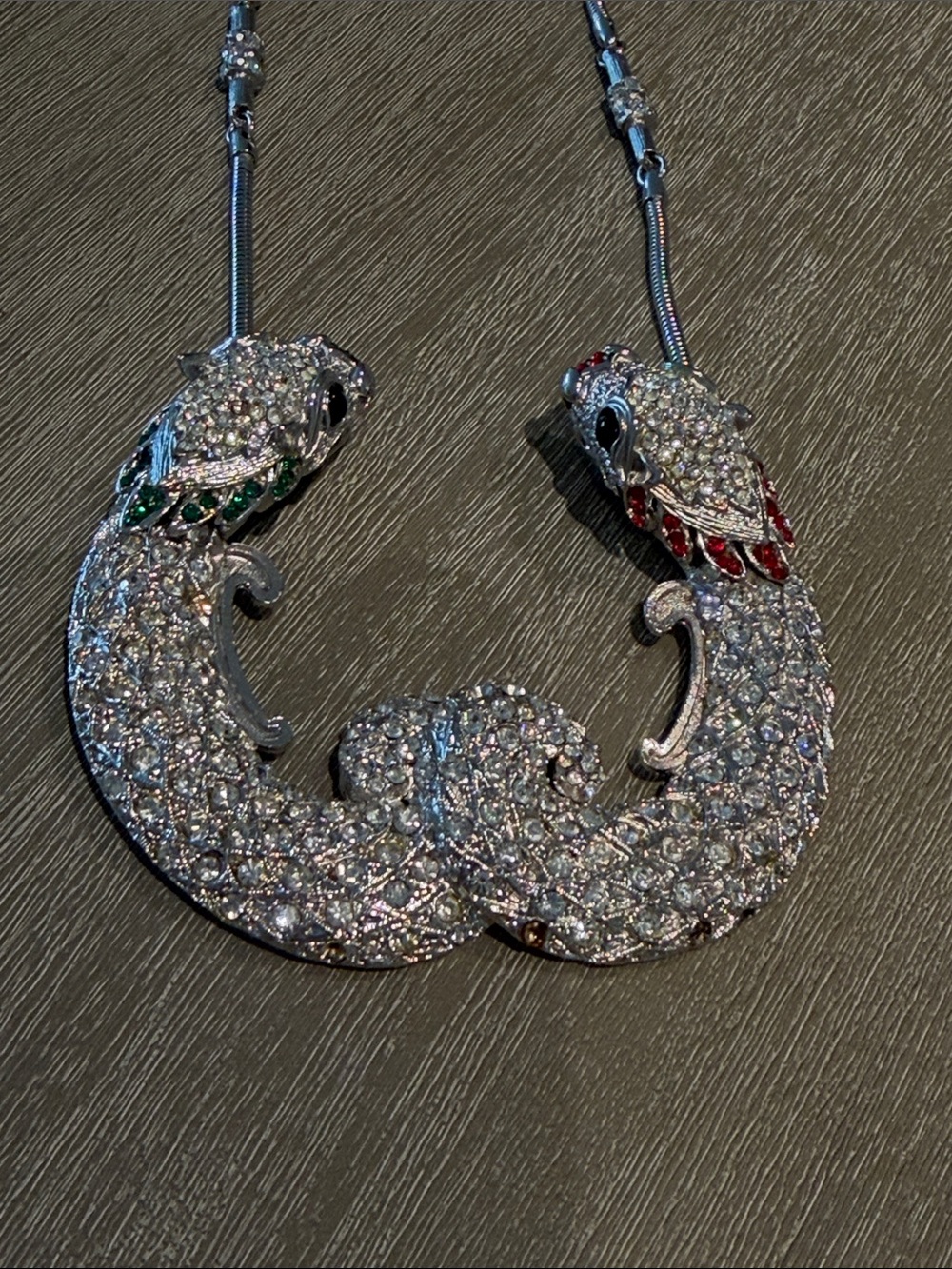 Crystal Pavé Double Serpent Pendant Necklace - Silver with Red & Green Accents